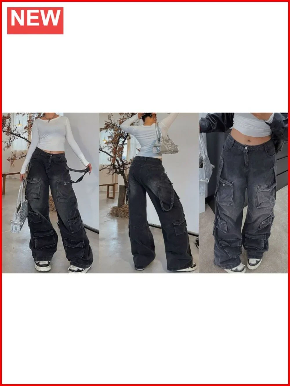 Low Waist Baggy Cargo Jeans for Women Y2k Wide Leg Grunge Pants